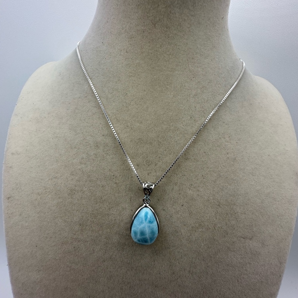 Larimar and Sterling Silver Teardrop Pendant Necklace on Sterling Silver Chain - Picture 4 of 11